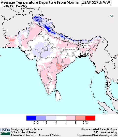 Southern Asia Average Temperature Departure From Normal (USAF 557th WW) Thematic Map For 12/10/2018 - 12/16/2018
