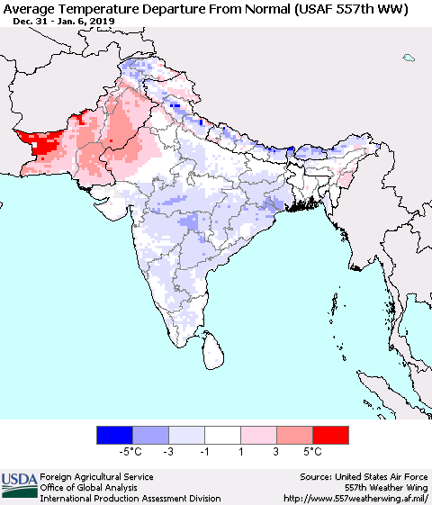 Southern Asia Average Temperature Departure From Normal (USAF 557th WW) Thematic Map For 12/31/2018 - 1/6/2019
