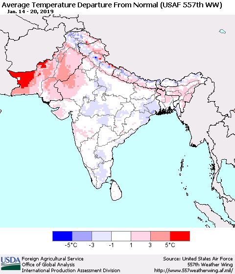 Southern Asia Average Temperature Departure From Normal (USAF 557th WW) Thematic Map For 1/14/2019 - 1/20/2019