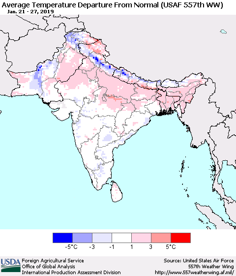 Southern Asia Average Temperature Departure From Normal (USAF 557th WW) Thematic Map For 1/21/2019 - 1/27/2019
