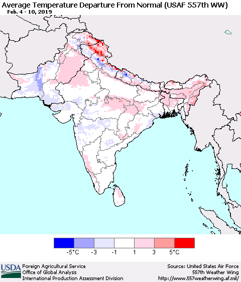 Southern Asia Average Temperature Departure From Normal (USAF 557th WW) Thematic Map For 2/4/2019 - 2/10/2019