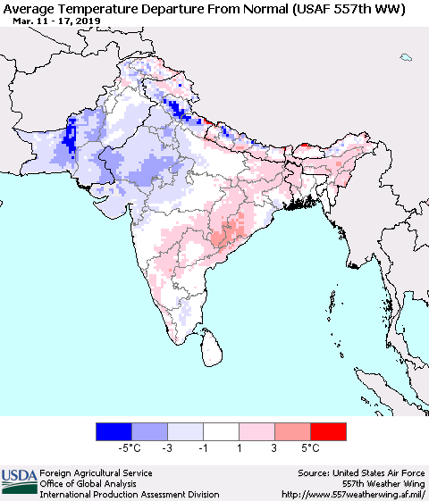 Southern Asia Average Temperature Departure From Normal (USAF 557th WW) Thematic Map For 3/11/2019 - 3/17/2019