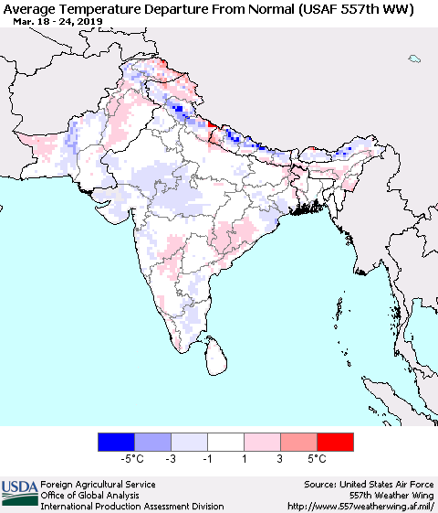 Southern Asia Average Temperature Departure From Normal (USAF 557th WW) Thematic Map For 3/18/2019 - 3/24/2019