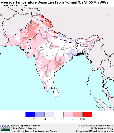 Southern Asia Average Temperature Departure From Normal (USAF 557th WW) Thematic Map For 3/25/2019 - 3/31/2019