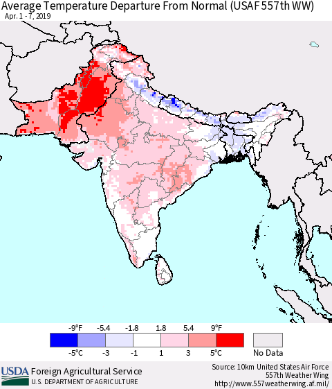 Southern Asia Average Temperature Departure From Normal (USAF 557th WW) Thematic Map For 4/1/2019 - 4/7/2019