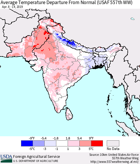 Southern Asia Average Temperature Departure From Normal (USAF 557th WW) Thematic Map For 4/8/2019 - 4/14/2019