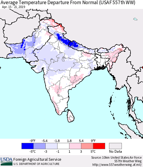 Southern Asia Average Temperature Departure From Normal (USAF 557th WW) Thematic Map For 4/15/2019 - 4/21/2019