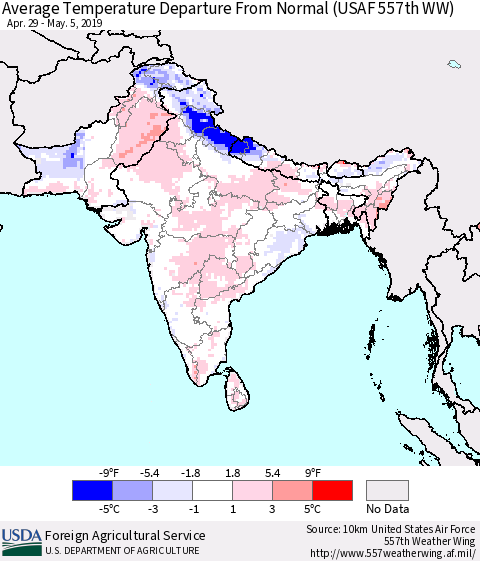 Southern Asia Average Temperature Departure From Normal (USAF 557th WW) Thematic Map For 4/29/2019 - 5/5/2019