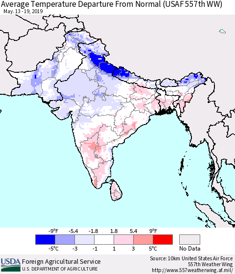 Southern Asia Average Temperature Departure From Normal (USAF 557th WW) Thematic Map For 5/13/2019 - 5/19/2019