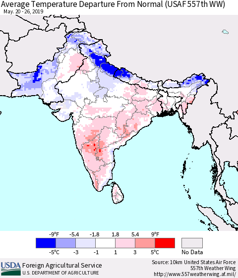 Southern Asia Average Temperature Departure From Normal (USAF 557th WW) Thematic Map For 5/20/2019 - 5/26/2019