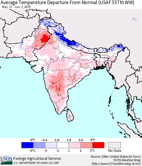 Southern Asia Average Temperature Departure From Normal (USAF 557th WW) Thematic Map For 5/27/2019 - 6/2/2019