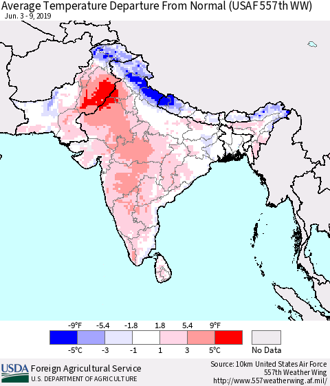 Southern Asia Average Temperature Departure From Normal (USAF 557th WW) Thematic Map For 6/3/2019 - 6/9/2019