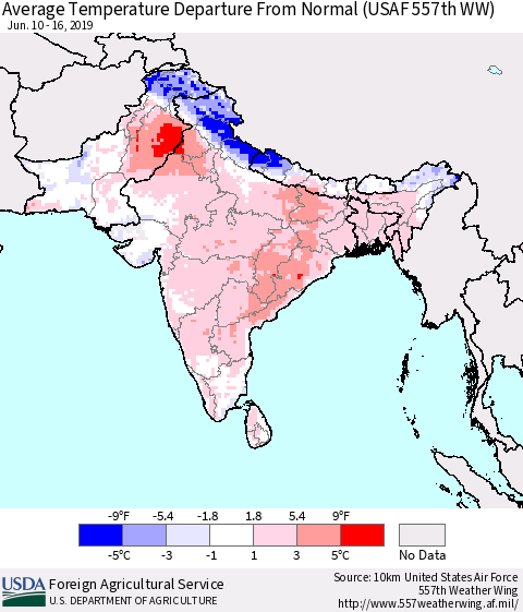 Southern Asia Average Temperature Departure from Normal (USAF 557th WW) Thematic Map For 6/10/2019 - 6/16/2019