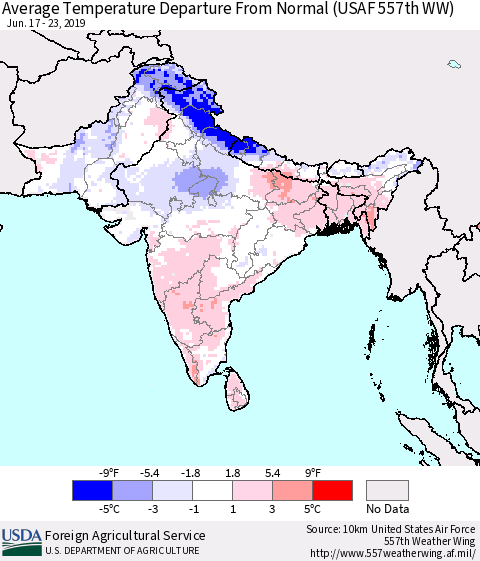 Southern Asia Average Temperature Departure From Normal (USAF 557th WW) Thematic Map For 6/17/2019 - 6/23/2019