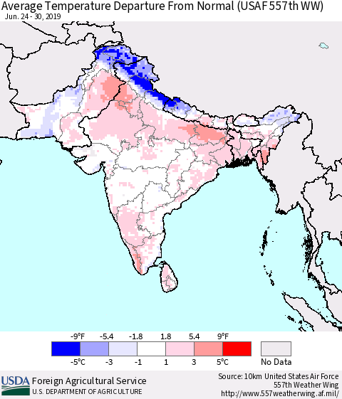 Southern Asia Average Temperature Departure From Normal (USAF 557th WW) Thematic Map For 6/24/2019 - 6/30/2019