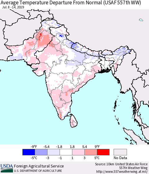 Southern Asia Average Temperature Departure From Normal (USAF 557th WW) Thematic Map For 7/8/2019 - 7/14/2019