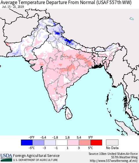 Southern Asia Average Temperature Departure From Normal (USAF 557th WW) Thematic Map For 7/15/2019 - 7/21/2019