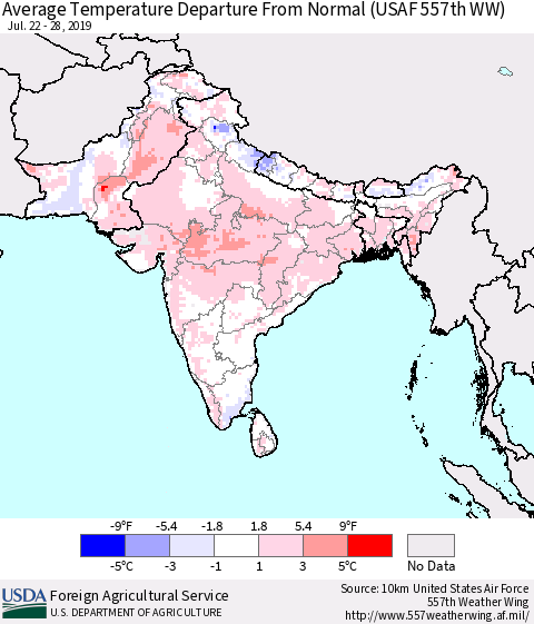 Southern Asia Average Temperature Departure From Normal (USAF 557th WW) Thematic Map For 7/22/2019 - 7/28/2019