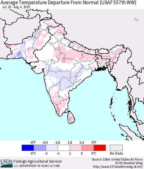 Southern Asia Average Temperature Departure From Normal (USAF 557th WW) Thematic Map For 7/29/2019 - 8/4/2019