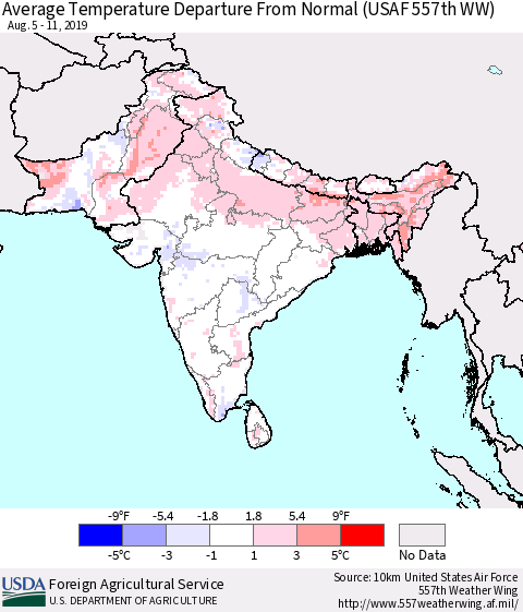 Southern Asia Average Temperature Departure from Normal (USAF 557th WW) Thematic Map For 8/5/2019 - 8/11/2019