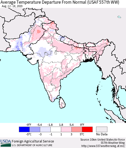 Southern Asia Average Temperature Departure From Normal (USAF 557th WW) Thematic Map For 8/12/2019 - 8/18/2019