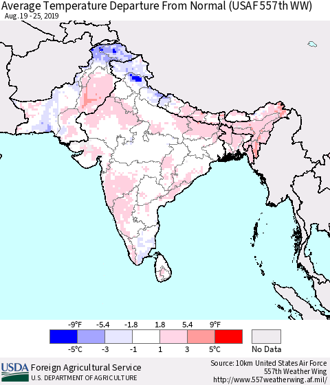 Southern Asia Average Temperature Departure From Normal (USAF 557th WW) Thematic Map For 8/19/2019 - 8/25/2019