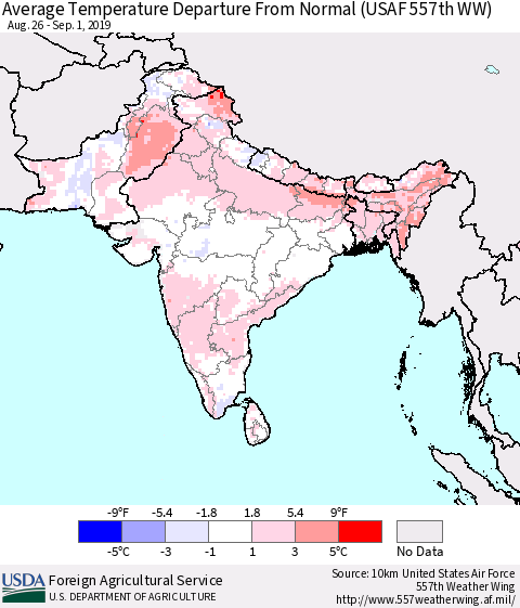 Southern Asia Average Temperature Departure from Normal (USAF 557th WW) Thematic Map For 8/26/2019 - 9/1/2019