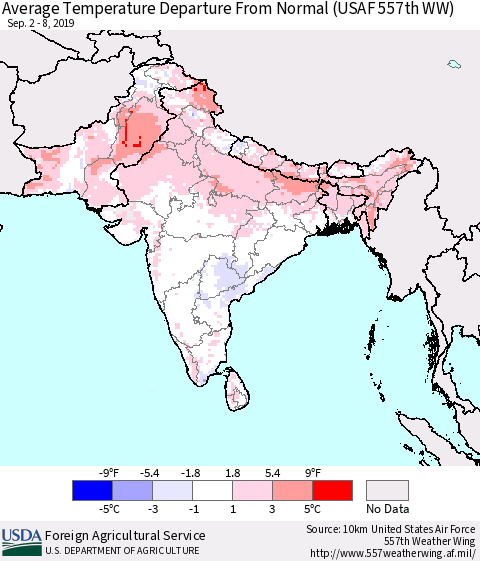Southern Asia Average Temperature Departure from Normal (USAF 557th WW) Thematic Map For 9/2/2019 - 9/8/2019