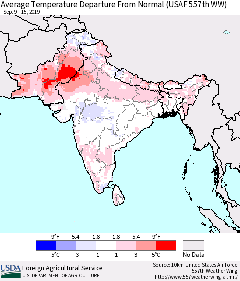 Southern Asia Average Temperature Departure from Normal (USAF 557th WW) Thematic Map For 9/9/2019 - 9/15/2019