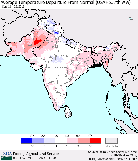 Southern Asia Average Temperature Departure from Normal (USAF 557th WW) Thematic Map For 9/16/2019 - 9/22/2019