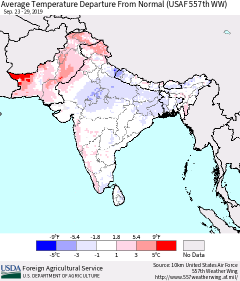 Southern Asia Average Temperature Departure From Normal (USAF 557th WW) Thematic Map For 9/23/2019 - 9/29/2019