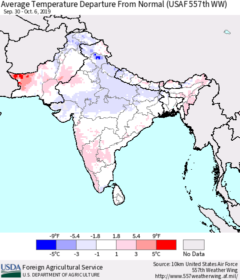 Southern Asia Average Temperature Departure From Normal (USAF 557th WW) Thematic Map For 9/30/2019 - 10/6/2019