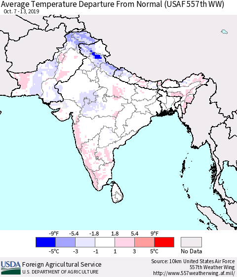 Southern Asia Average Temperature Departure From Normal (USAF 557th WW) Thematic Map For 10/7/2019 - 10/13/2019