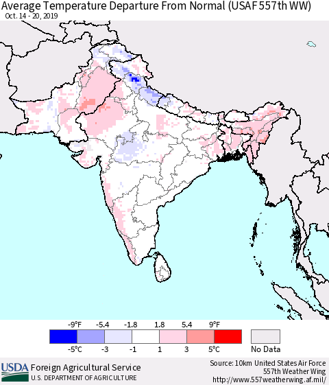 Southern Asia Average Temperature Departure From Normal (USAF 557th WW) Thematic Map For 10/14/2019 - 10/20/2019
