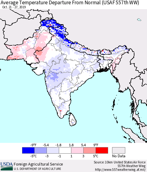 Southern Asia Average Temperature Departure from Normal (USAF 557th WW) Thematic Map For 10/21/2019 - 10/27/2019