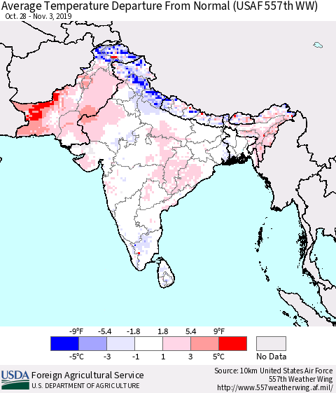 Southern Asia Average Temperature Departure From Normal (USAF 557th WW) Thematic Map For 10/28/2019 - 11/3/2019
