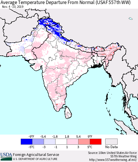 Southern Asia Average Temperature Departure from Normal (USAF 557th WW) Thematic Map For 11/4/2019 - 11/10/2019