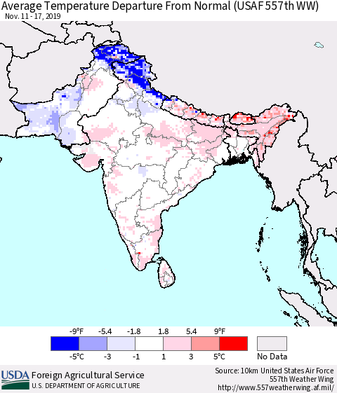 Southern Asia Average Temperature Departure from Normal (USAF 557th WW) Thematic Map For 11/11/2019 - 11/17/2019