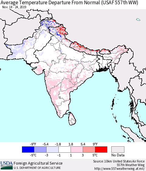 Southern Asia Average Temperature Departure From Normal (USAF 557th WW) Thematic Map For 11/18/2019 - 11/24/2019