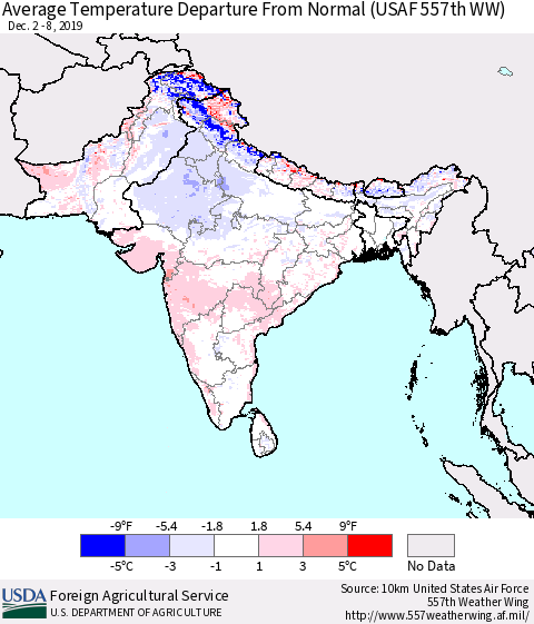 Southern Asia Average Temperature Departure From Normal (USAF 557th WW) Thematic Map For 12/2/2019 - 12/8/2019