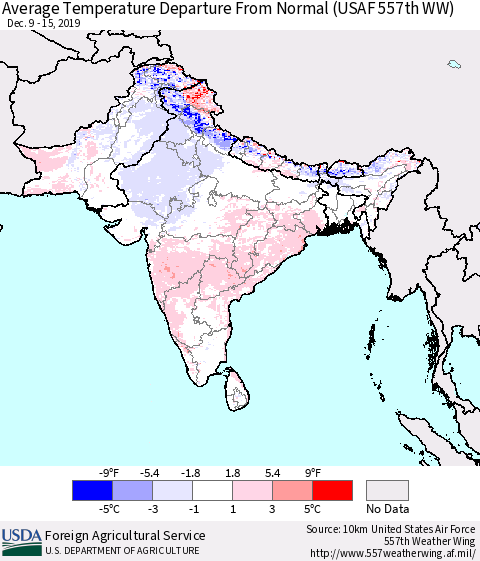 Southern Asia Average Temperature Departure from Normal (USAF 557th WW) Thematic Map For 12/9/2019 - 12/15/2019