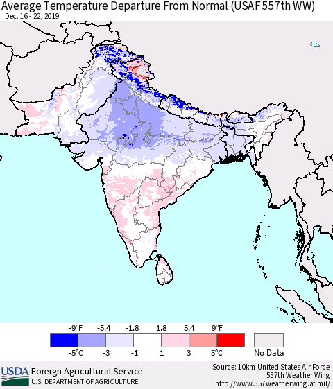 Southern Asia Average Temperature Departure From Normal (USAF 557th WW) Thematic Map For 12/16/2019 - 12/22/2019