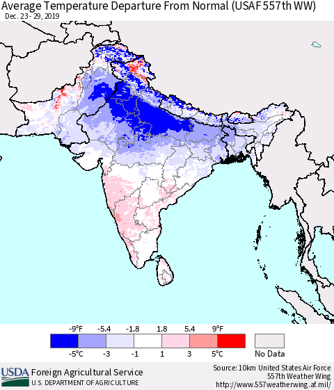 Southern Asia Average Temperature Departure from Normal (USAF 557th WW) Thematic Map For 12/23/2019 - 12/29/2019
