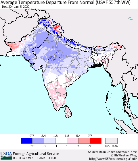 Southern Asia Average Temperature Departure from Normal (USAF 557th WW) Thematic Map For 12/30/2019 - 1/5/2020