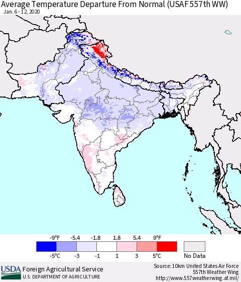 Southern Asia Average Temperature Departure from Normal (USAF 557th WW) Thematic Map For 1/6/2020 - 1/12/2020