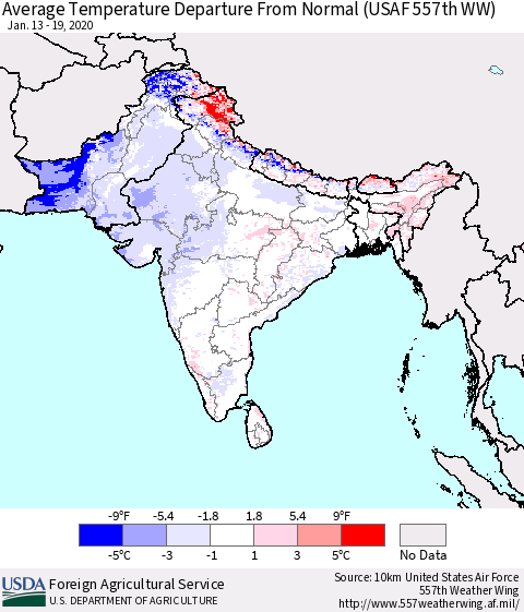 Southern Asia Average Temperature Departure From Normal (USAF 557th WW) Thematic Map For 1/13/2020 - 1/19/2020