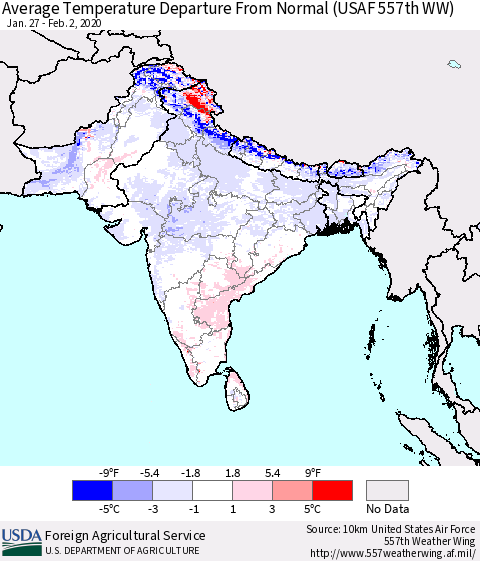 Southern Asia Average Temperature Departure from Normal (USAF 557th WW) Thematic Map For 1/27/2020 - 2/2/2020