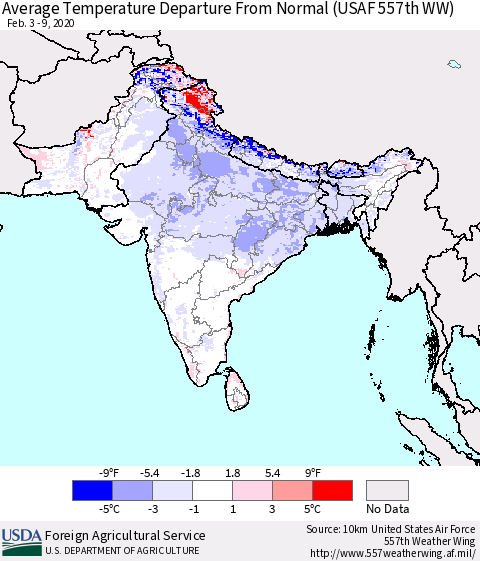 Southern Asia Average Temperature Departure From Normal (USAF 557th WW) Thematic Map For 2/3/2020 - 2/9/2020
