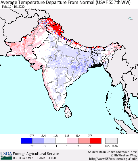 Southern Asia Average Temperature Departure From Normal (USAF 557th WW) Thematic Map For 2/10/2020 - 2/16/2020