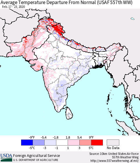 Southern Asia Average Temperature Departure From Normal (USAF 557th WW) Thematic Map For 2/17/2020 - 2/23/2020